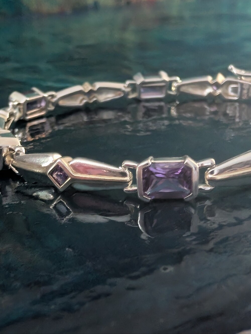 Art Deco Style Sterling Silver Amethyst Tennis Bracelet With Gold Accents - Picture 4 of 16